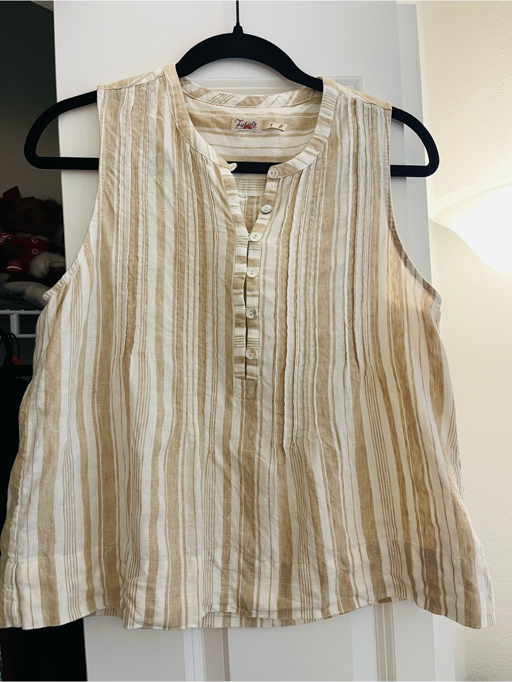 Faherty Sleeveless Striped Linen Blend Top in Beige and Cream